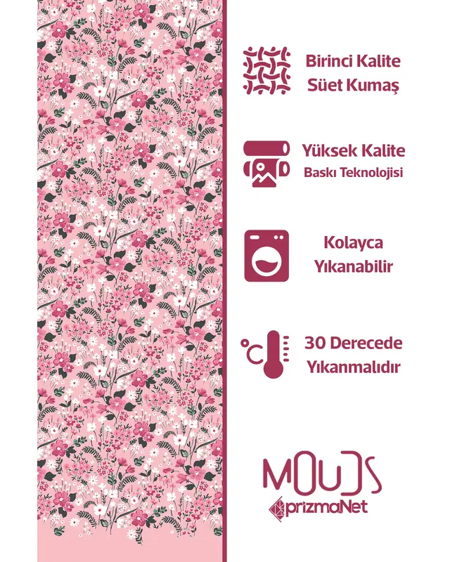 Pink Floral Patterned Suede Living Room Decorative Curtain Printed Pencil Pleat - Single Panel - PRD-1022-TK - 5