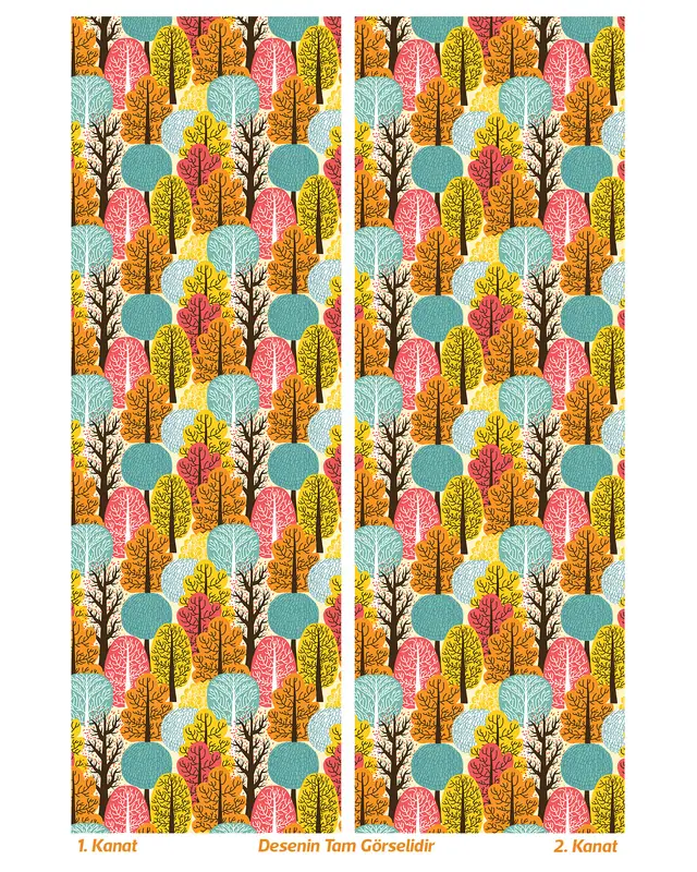 Colorful Tree Patterned Suede Living Room Decorative Curtain Printed Pencil Pleat Body - Set of 2 Panels - PRD-1090 - 2