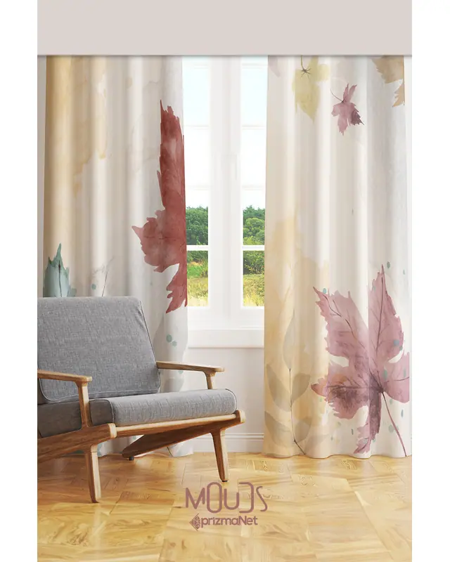 Autumn Leaves Desenli Süet Oturma Odası Salon Fon Perde Baskılı Ekstrafor Büzgü 2 Kanat PRD-1060 - 2