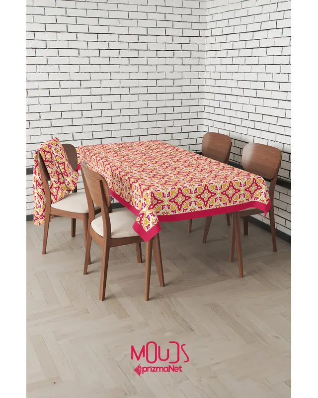 Burgundy Yellow Ornament Islamic Rectangular Easy-Care Suede-Feel Tablecloth - MS-234 - 5