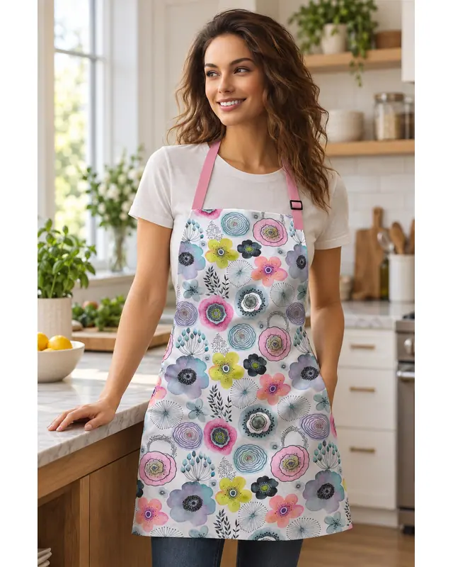 Suede Textured Fabric Water Flower Patterned Kitchen Apron, Chef Apron, Waiter Apron, Restaurant Apron - MTF-03 - 2
