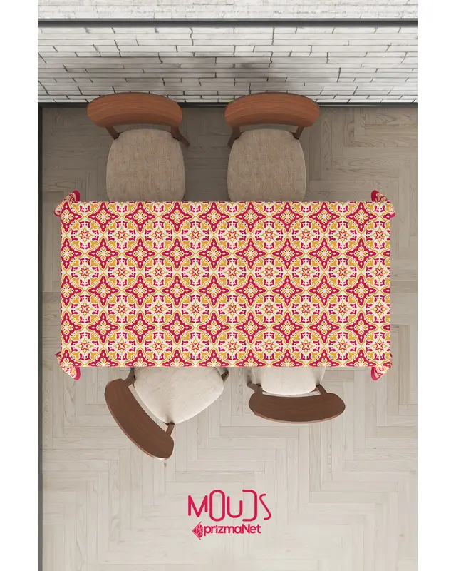 Burgundy Yellow Ornament Islamic Rectangular Easy-Care Suede-Feel Tablecloth - MS-234 - 6