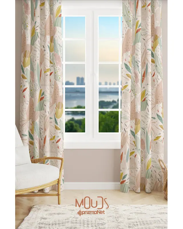 Xero Floral 2 Desenli Süet Oturma Odası Salon Fon Perde Baskılı Ekstrafor Büzgü 2 Kanat PRD-1080