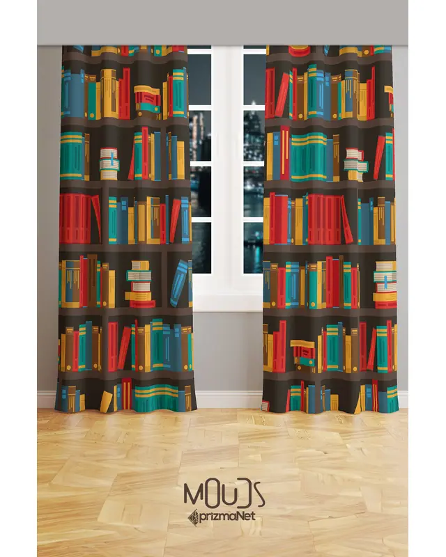 Booked Suede Living Room Salon Decorative Curtain Printed Pencil Pleat Body - Set of 2 Panels - PRD-1098 - 2