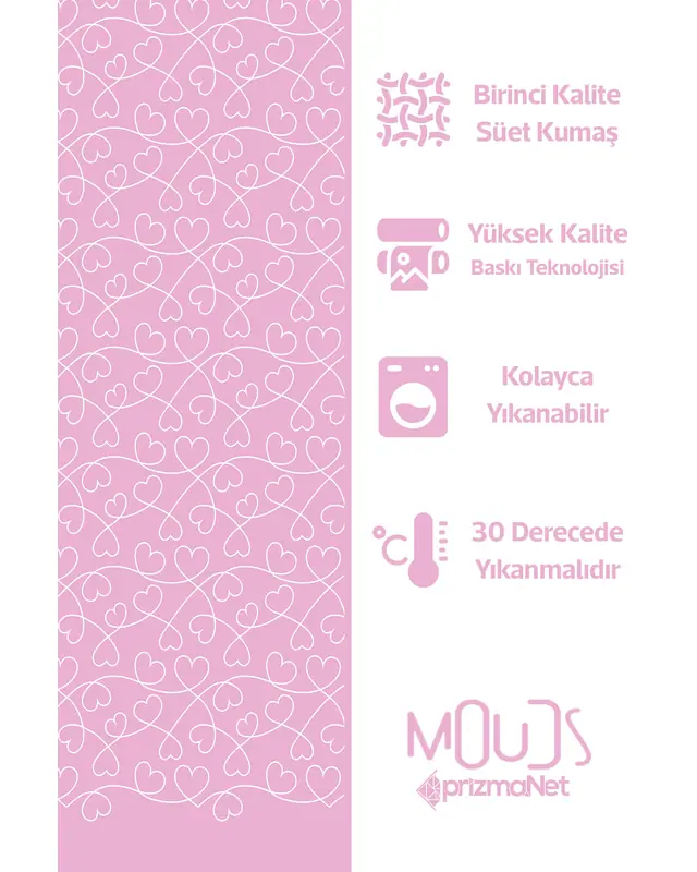 Pembe Kalpler Desenli Süet Oturma Odası Salon Fon Perde Baskılı Ekstrafor Büzgü 2 Kanat PRD-1045 - 6