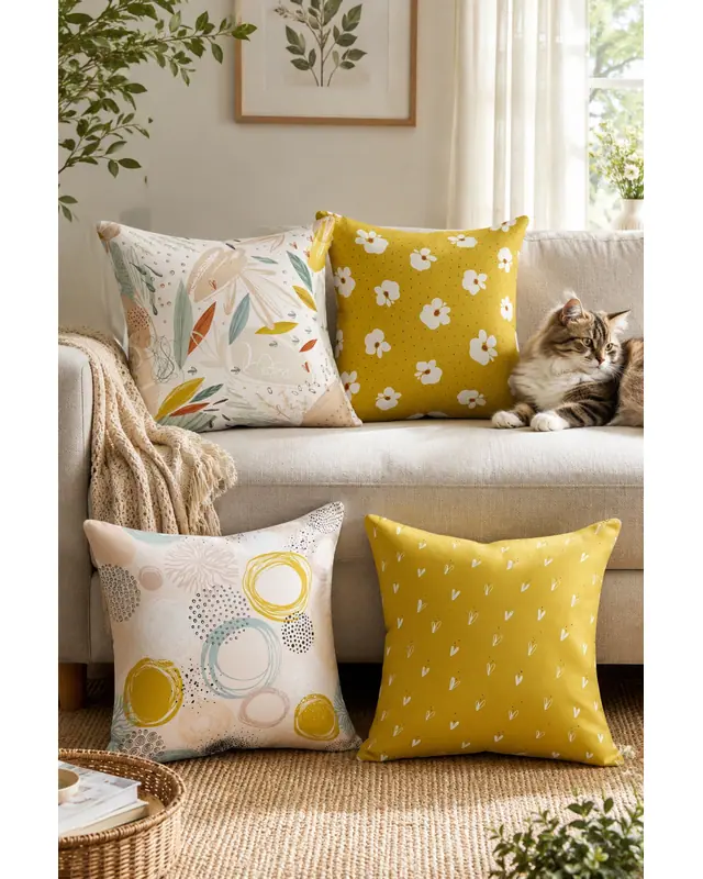 Çift Tarafı Baskılı Xero Floral Desenli 4'lü Kombin Süet Kırlent Kılıfı