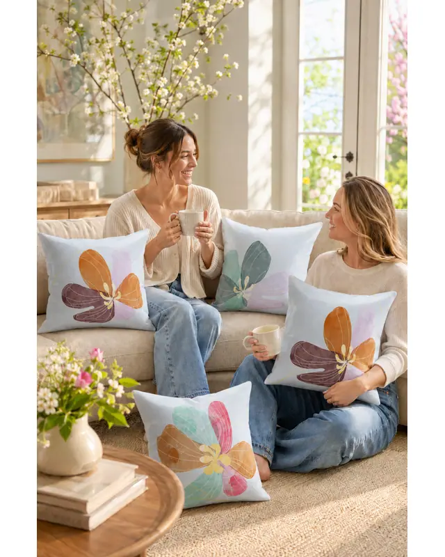 Double-Sided Printed Pastel Flower-2 Pattern Set of 4 Coordinated Suede Cushion Cover Şık Salon Dekoru - 2