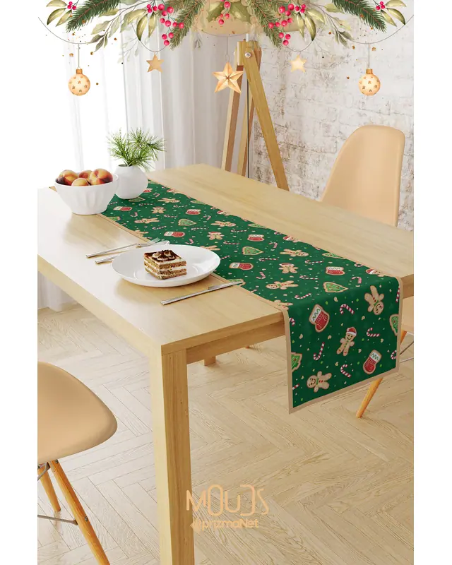 Green Christmas Kurabiyeleri Pattern Suede Table Runner - 2