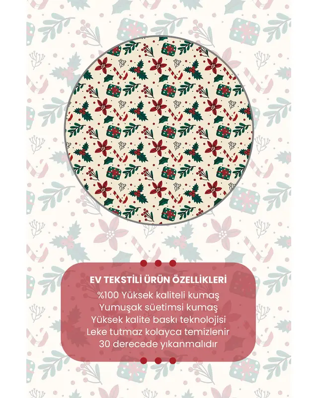 Double-Sided Printed Krem Kokina Çiçeği Christmas Pattern Cushion Cover Suede New Year - PL1134 - 5