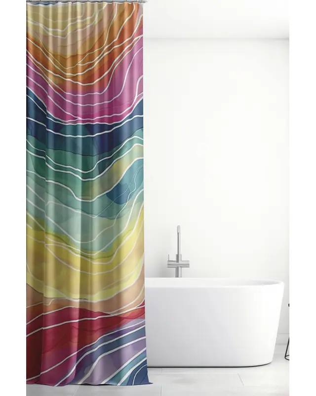 Banyo Perdesi, Renkli Dalgalar Desenli Duş Perdesi, Küvet Perdesi, Halka Hediyeli 175x200cm BP-04