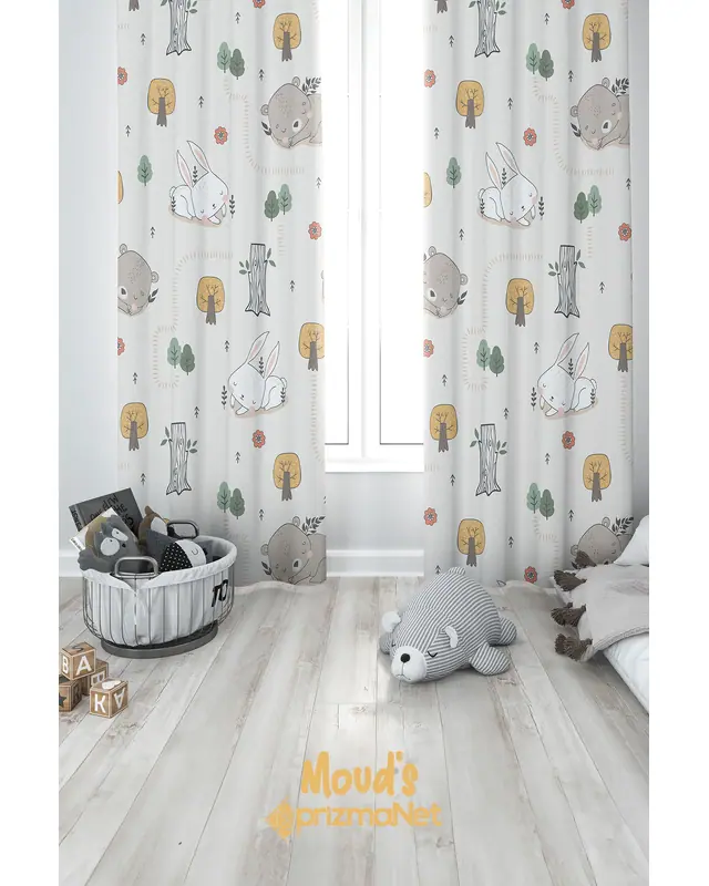 Rabbit and Bear Patterned Printed Kids' and Baby Room Decorative Curtain - Set of 2 Panels - PRD-04