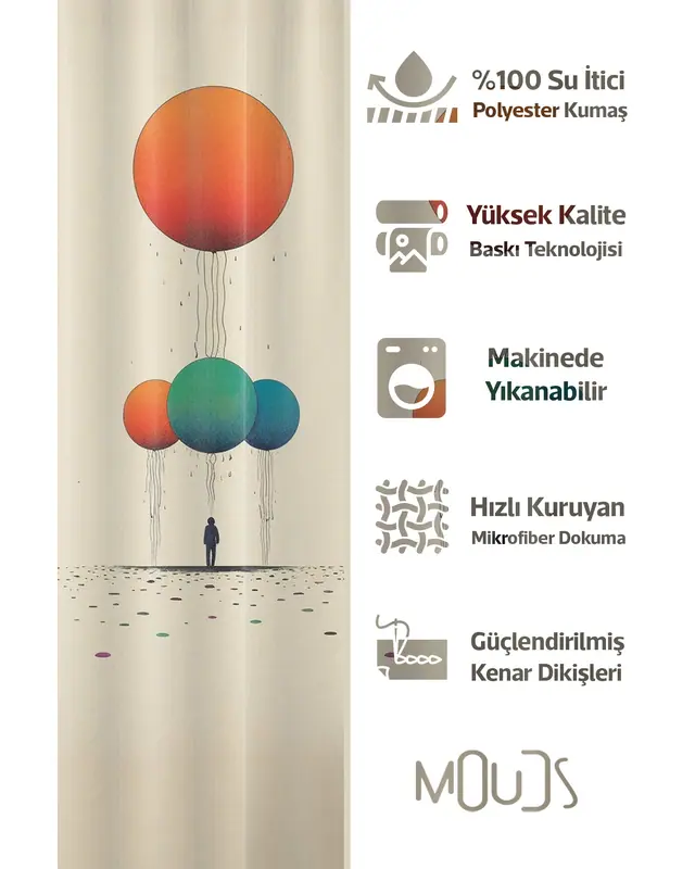 Banyo Perdesi, Yalnız Balon Desenli Duş Perdesi, Küvet Perdesi, Halka Hediyeli 175x200cm BP-36 - 2