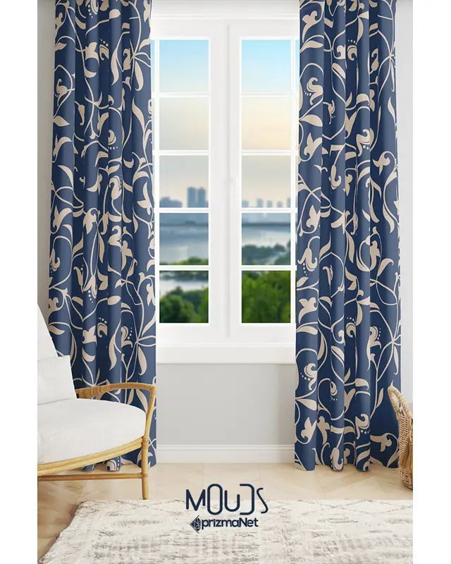 Navy Vintage 2 Patterned Suede Living Room Salon Decorative Curtain Printed Pencil Pleat - Set of 2 Panels - PRD-1065