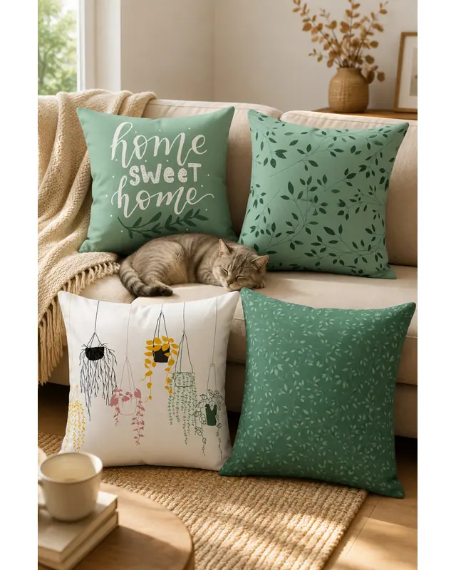 Double-Sided Printed Green Sweet Home Series Pattern Set of 4 Coordinated Suede Cushion Cover - PLG204 - 7