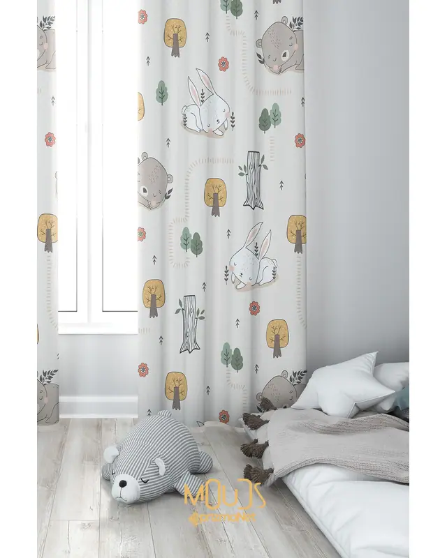 Rabbit And Beard Patterned Decorative Curtain Kids' and Baby Room Printed Suede Pencil Pleat - Single Panel - PRD-04-TK - 2