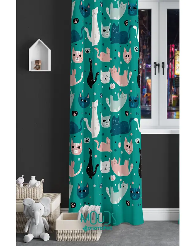 Green Cats Patterned Decorative Curtain Kids' and Baby Room Digital Printed Suede Pencil Pleat - Single Panel - PRD-54-TK - 2