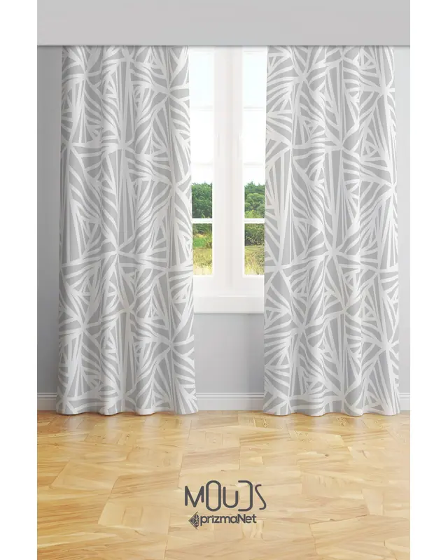 White Triangle Patterned Suede Living Room Decorative Curtain Printed Pencil Pleat Lanyard - Set of 2 Panels - PRD-1071 - 2