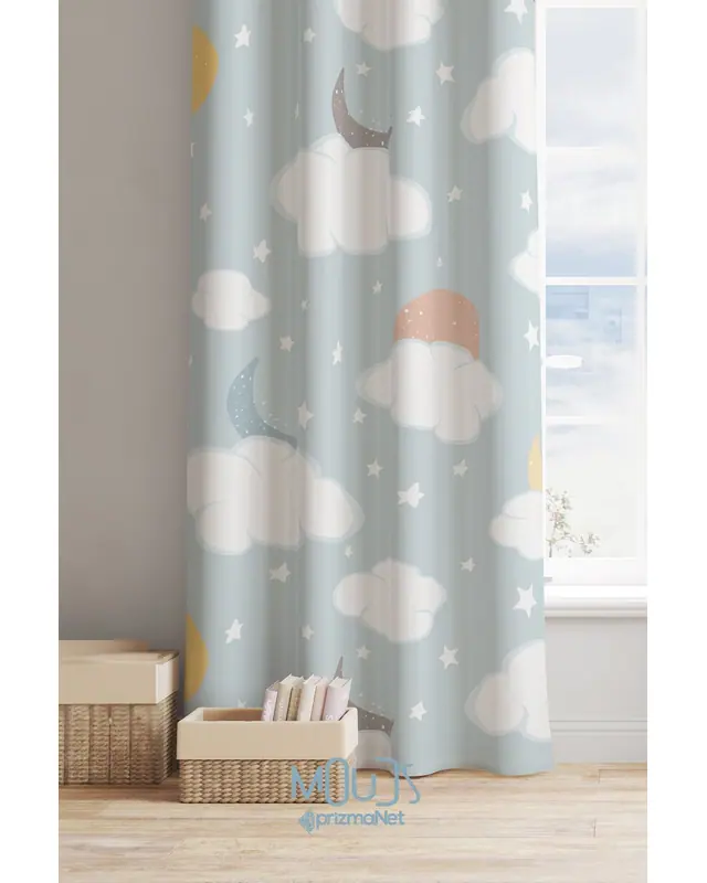Moon and Cloud Patterned Decorative Curtain Kids' and Baby Room Digital Printed Suede Pencil Pleat Off-Bridge - Single Panel - PRD-21-TK - 3