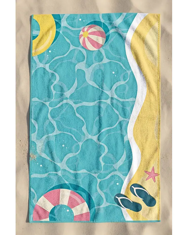 Dijital Baskılı 70x150cm Mavi Tatil Desenli Plaj Havlusu - Banyo Havlusu - Deniz Havlusu - 5