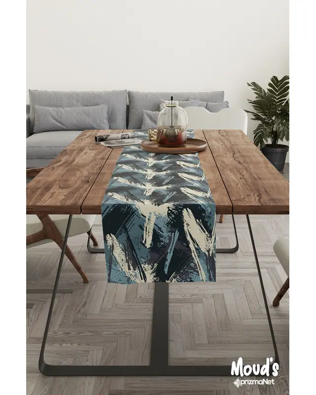 Blue Brush Desenli Baskılı Süet Runner Masa Örtüsü
