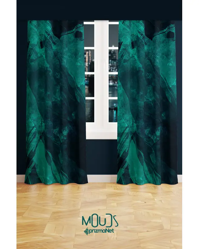 Green Navy Patterned Suede Living Room, Salon Decorative Curtain Printed Pencil Pleat - Set of 2 Panels - PRD-1001