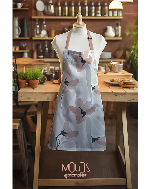 Süet Dokulu Kumaş Mirror Flowers Çiçek Desenli Mutfak Önlüğü, Aşçı Önlüğü, Garson Önlüğü, Restoran Önlük