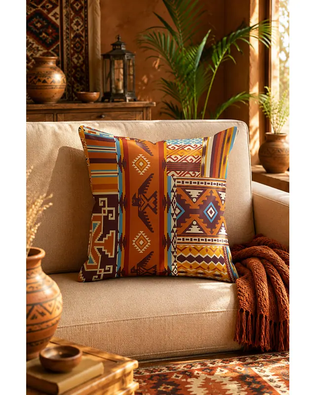 Çift Tarafı Baskılı Etnik Kilim Desenli 4'lü Kombin Süet Kırlent Kılıfı - 6