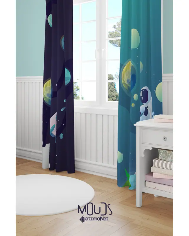 Dark Space Patterned Decorative Curtain Kids' and Baby Room Printed Suede Pencil Pleat - Set of 2 Panels - PRD-58 - 2