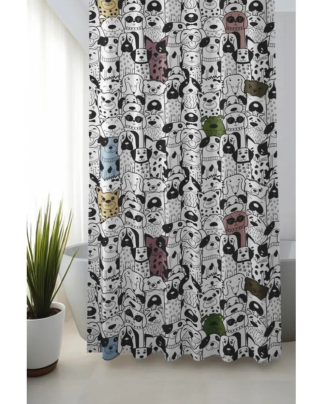 Banyo Perdesi, Siyah Köpekler Desenli Duş Perdesi, Küvet Perdesi, Halka Hediyeli 175x200cm BP-18