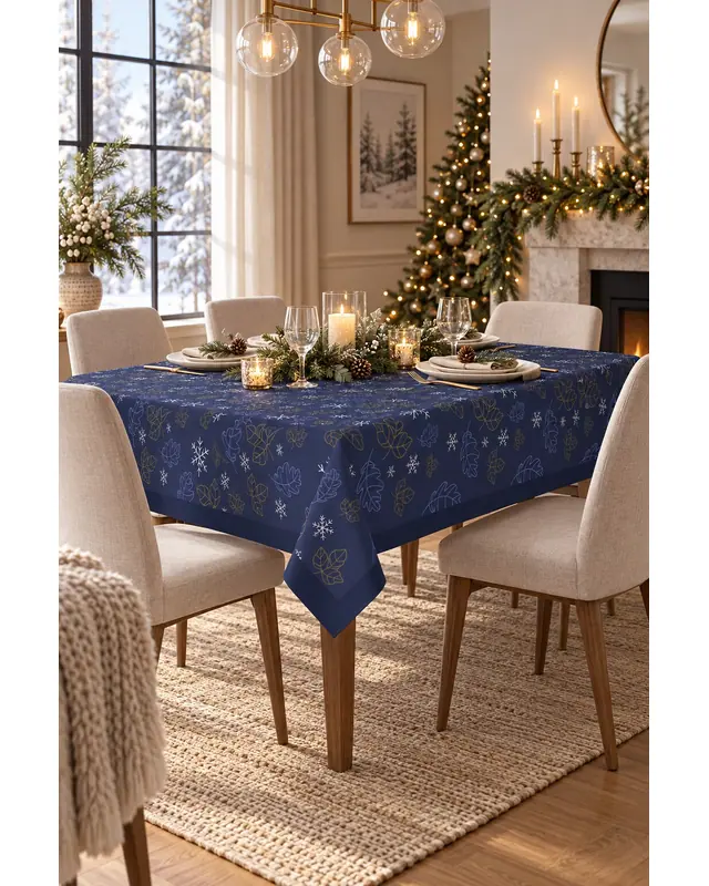 Navy Blue White Snowflakes Christmas Rectangular Easy-Care Suede-Feel Tablecloth - MS-278