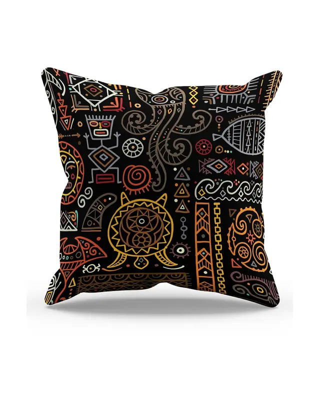 Double-Sided Printed Hitit Figür Pattern Set of 4 Coordinated Suede Cushion Cover - 6