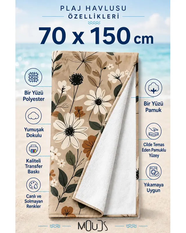 Dijital Baskılı 70x150cm Yaban Papatyaları Desenli Plaj Havlusu - Banyo Havlusu - Deniz Havlusu - 5