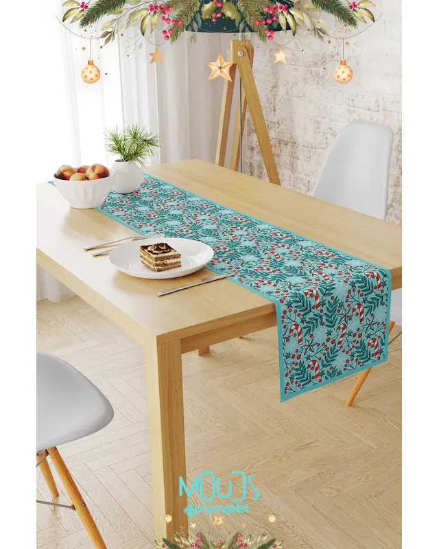 Kokina Blue Şeker Kamışı Christmas Pattern Table Runner Easy-Care Suede Textured Fabric New Year - 2