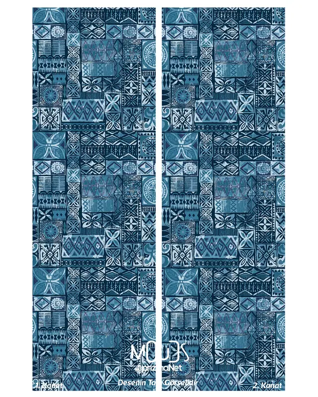 Ephesus Mosaic Patterned Suede Living Room Decorative Curtain Printed Pencil Pleat Body - Set of 2 Panels - PRD-1016 - 3