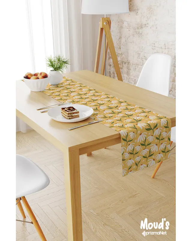 Camomile Papatya 2 Desenli Baskılı Süet Runner Masa Örtüsü