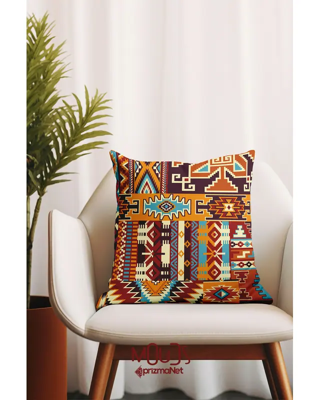 2'li Ethnic Kilim Pattern Double-Sided Printed Suede Cushion Cover Set - 3