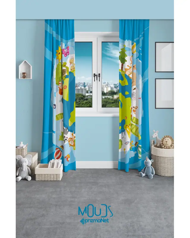 World Animals Patterned Decorative Curtain Kids' and Baby Room Printed Suede Pencil Pleat Off - Set of 2 Panels - PRD-66 - 2
