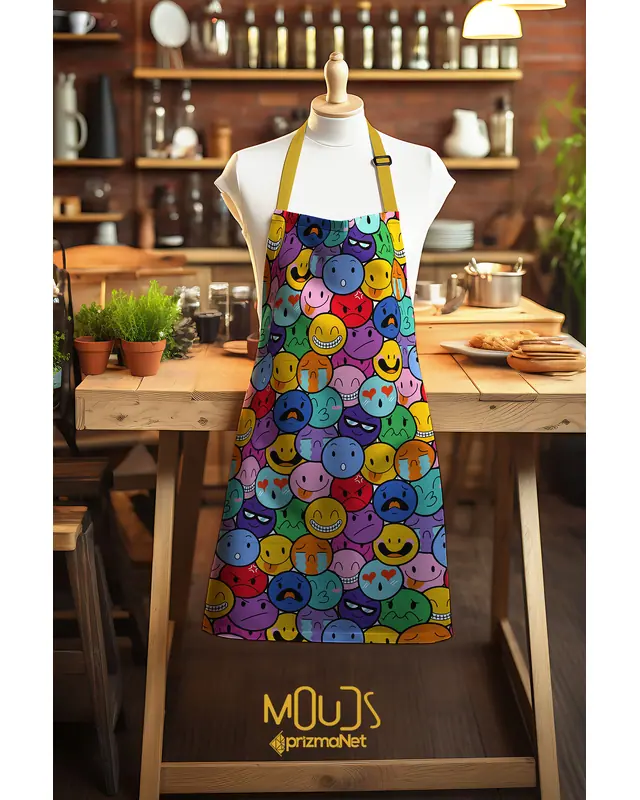 Süet Dokulu Kumaş Emoji Desenli Mutfak Önlüğü, Aşçı Önlüğü, Garson Önlüğü, Restoran Önlük