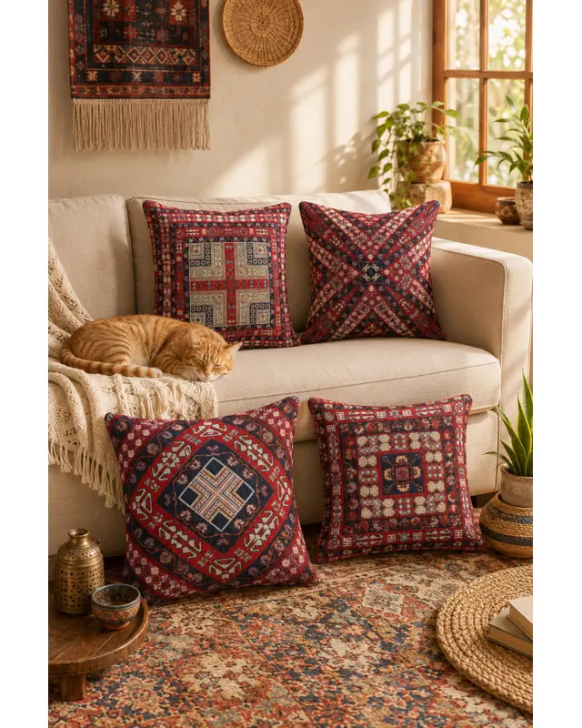 Çift Tarafı Baskılı Türkiye Kilim Desenli 4'lü Kombin Süet Kırlent Kılıfı