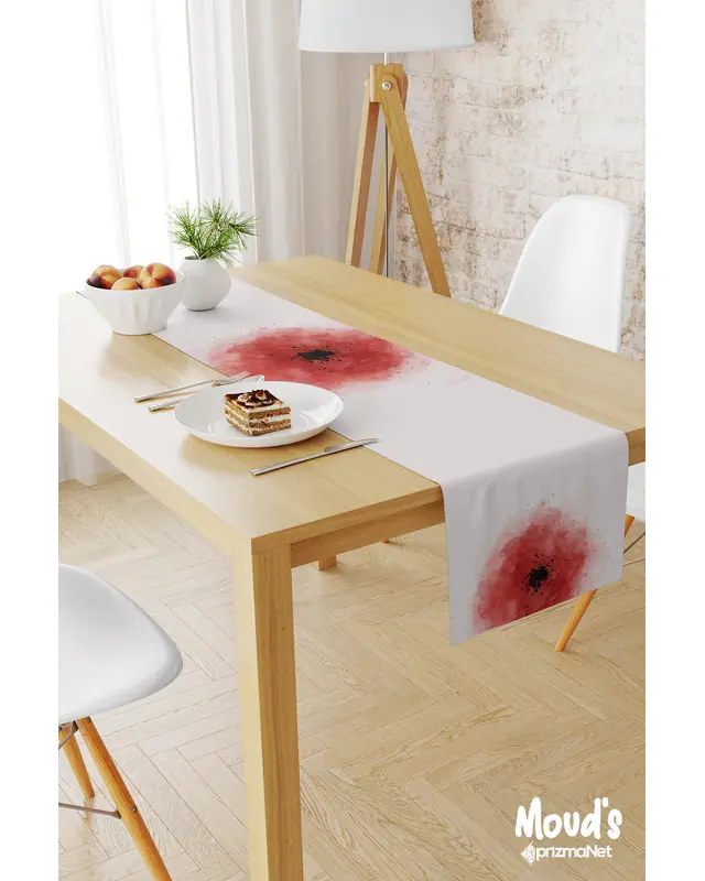 Poppy Red Desenli Baskılı Süet Runner Masa Örtüsü