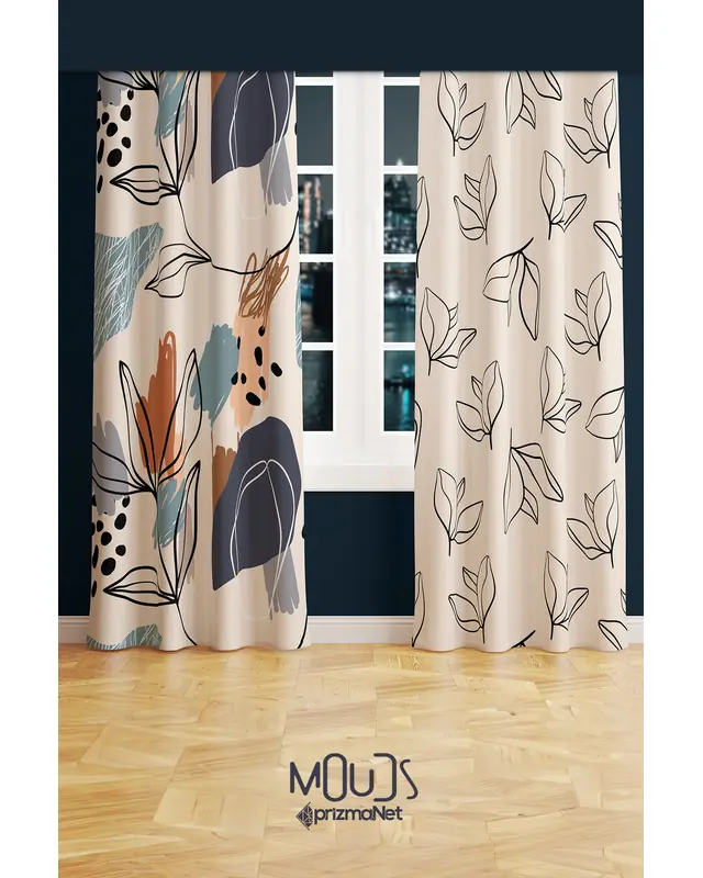 Art 5 Patterned Suede Living Room Decorative Curtain Digital Printed Pencil Pleat Lanyard - Set of 2 Panels - PRD-1050 - 2