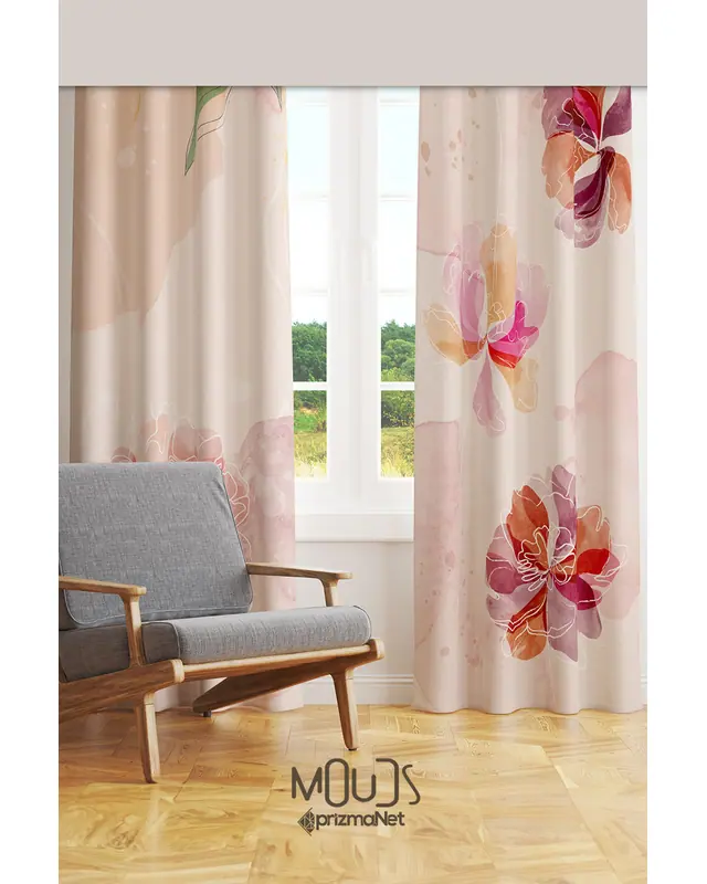 Flower Art Patterned Suede Living Room Decorative Curtain Printed Pencil Pleat - Set of 2 Panels - PRD-1030 - 2