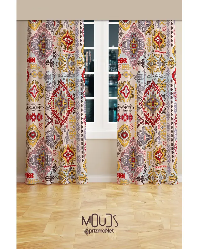 Anatolia 8 Patterned Suede Living Room Decorative Curtain Printed Pencil Pleat Body - Set of 2 Panels - PRD-1010 - 2