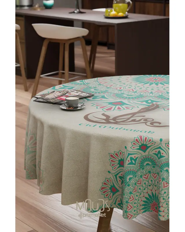 Ramadan Turquoise Ethnic Round Easy-Care Suede-Feel Tablecloth - MSY-258 - 3
