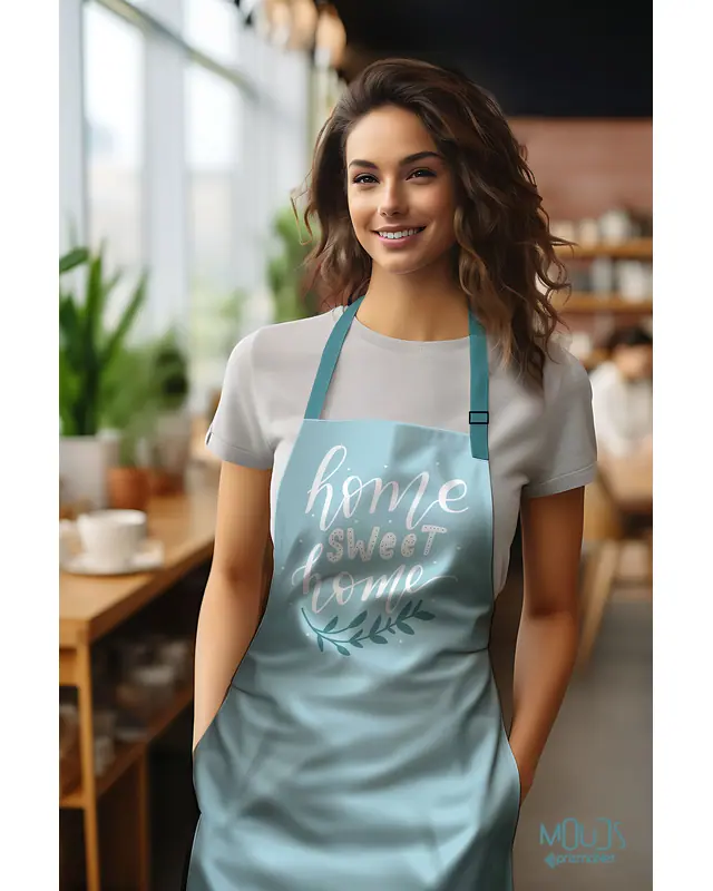Süet Dokulu Kumaş Mavi Sweet Home Desenli Mutfak Önlüğü, Aşçı Önlüğü, Garson Önlüğü, Restoran Önlük - 2