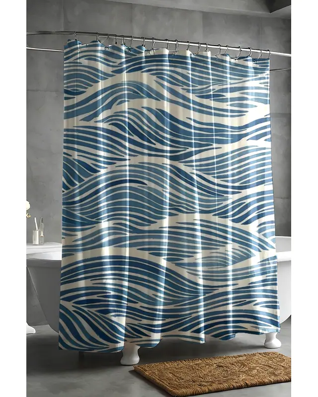Banyo Perdesi, Mavi Dalga Desenli Duş Perdesi, Küvet Perdesi, Halka Hediyeli 175x200cm BP-03