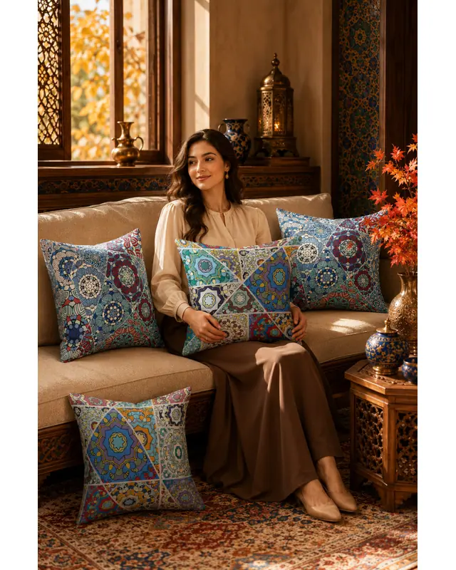 Double-Sided Printed Mosque Tales Pattern Set of 4 Coordinated Suede Cushion Cover - 2