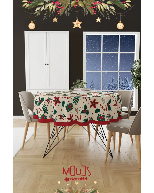 Cream Kokina Flower Christmas Round Easy-Care Suede-Feel Tablecloth - MSY-277 - 2