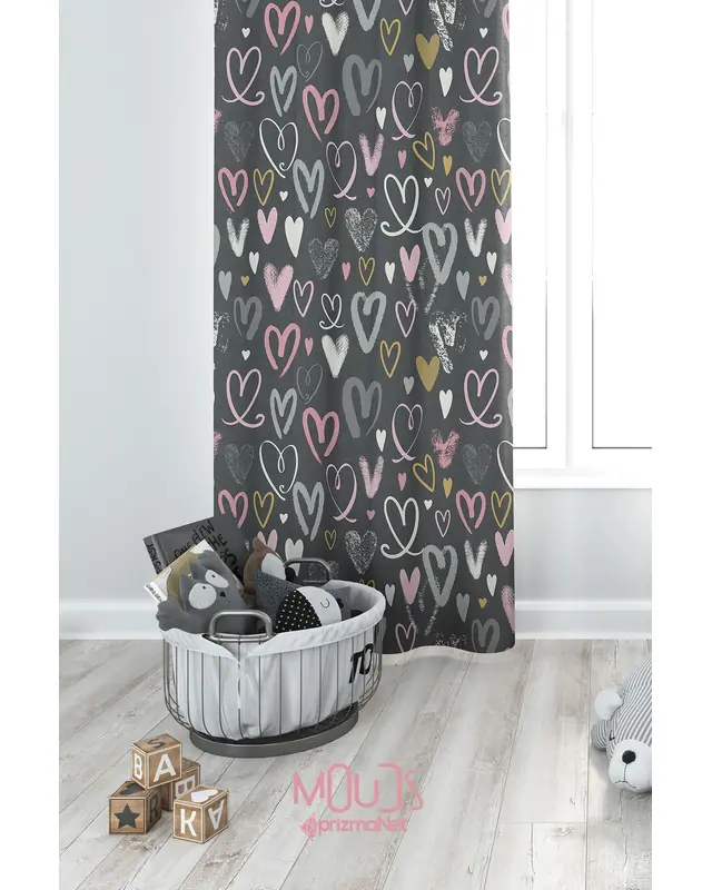 Gray Hearts Patterned Decorative Curtain Kids' and Baby Room Digital Printed Suede Pencil Pleat - Single Panel - PRD-34-TK - 3