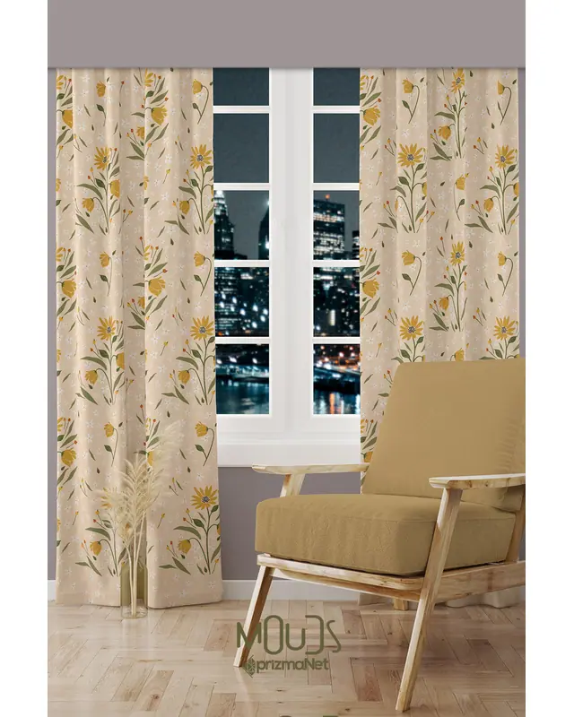 Camomile Papatya Desenli Süet Oturma Odası Salon Fon Perde Baskılı Ekstrafor Büzgü 2 Kanat PRD-1040